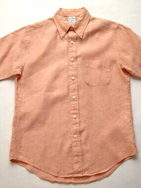 BROOKS BROTHERS 100% Irish Linen SS Peach/Pale Orange Size M Slim Fit Shirt